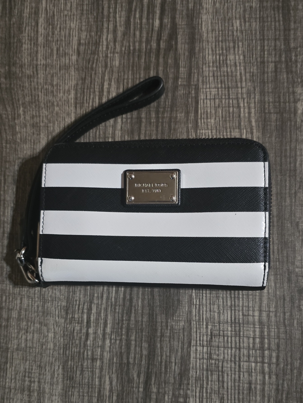 Michael Kors Black and White Striped Zip Wristlet